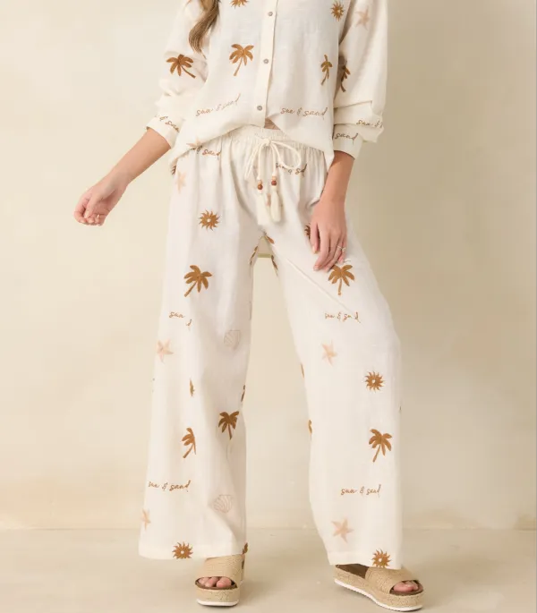 Coastal Embroidered Cotton Wide Leg Pants
