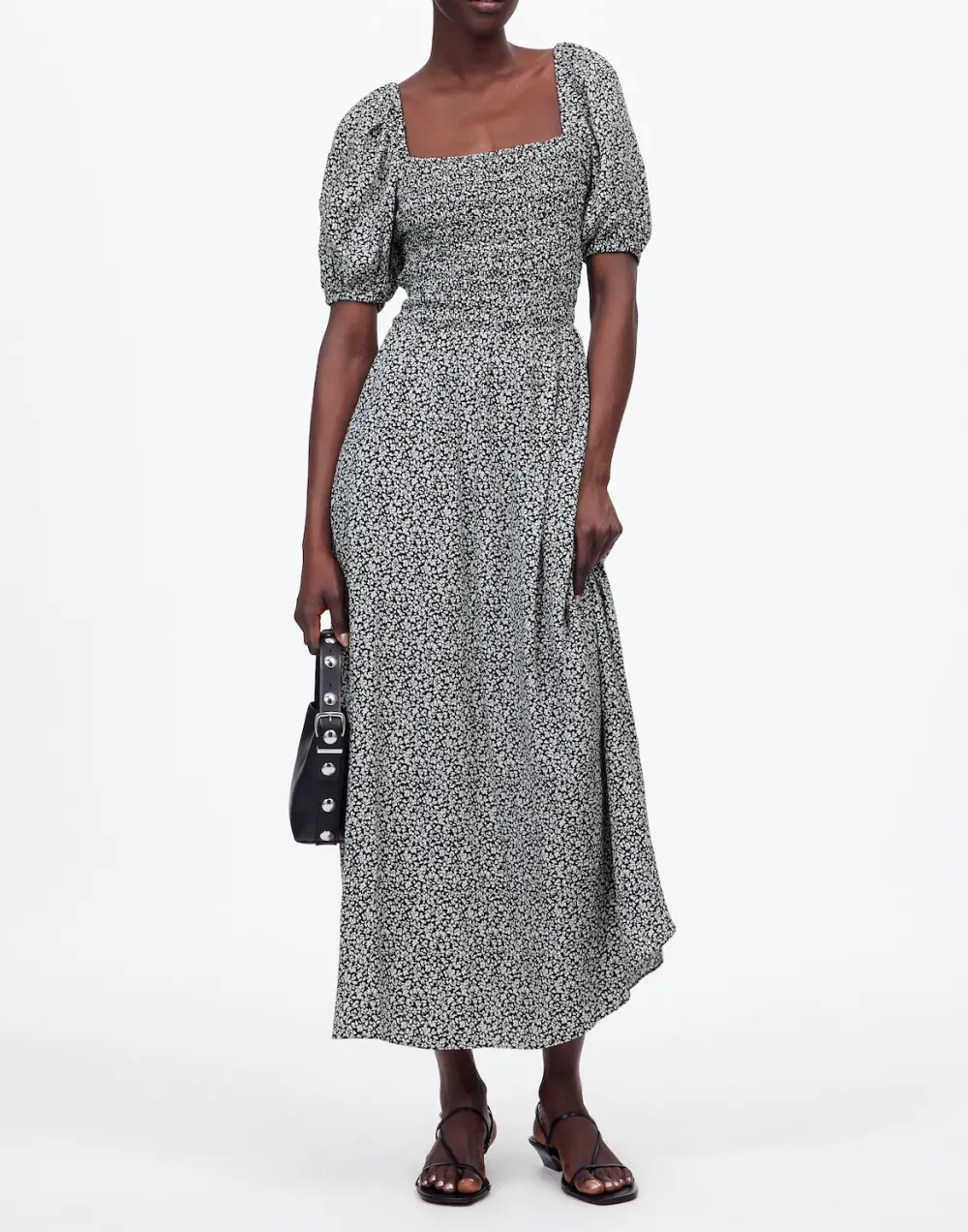 Smocked Puff-Sleeve Maxi Dress in Floral