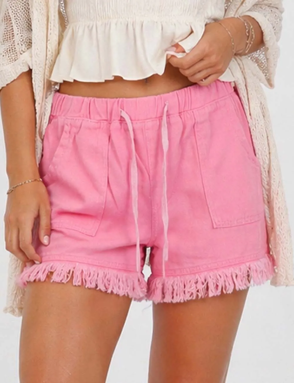 Drawstring Waist Frayed Hem Denim Shorts