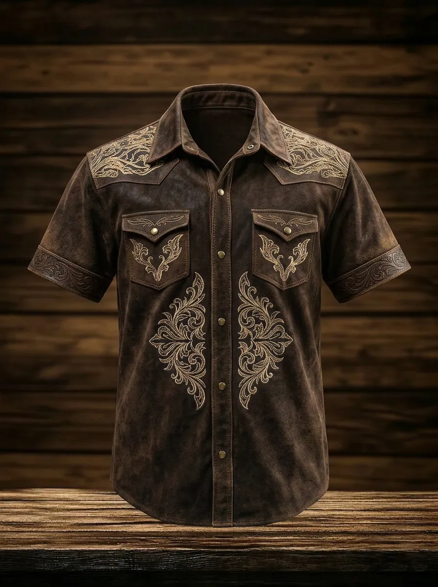 Men's Western Cowboy Floral Embroidery Printed Shirt