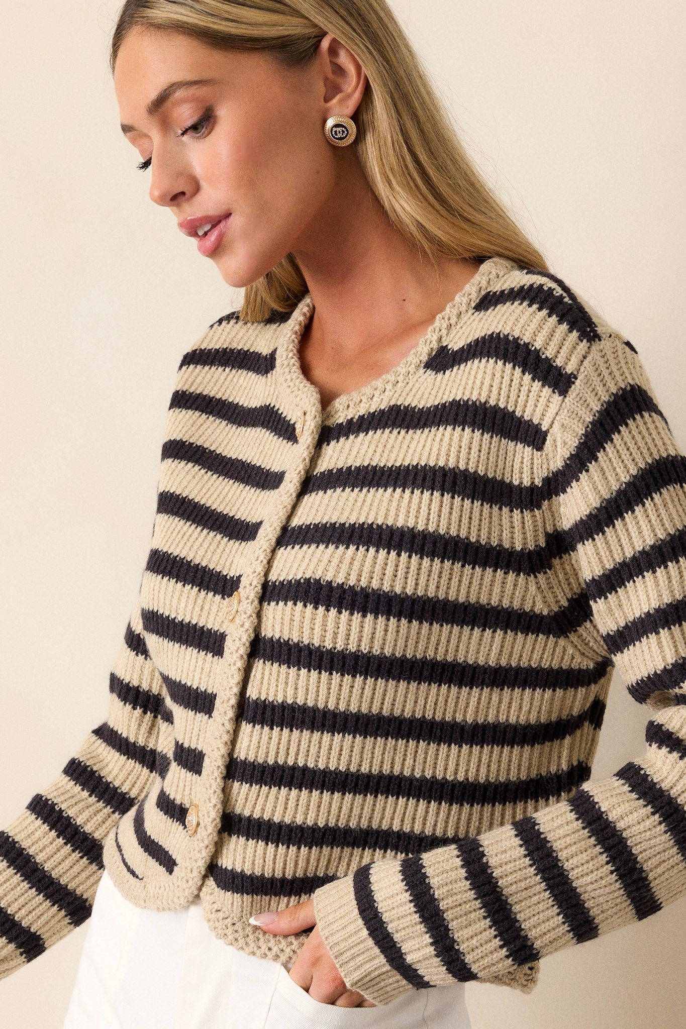 Passing Glances Tan Stripe Button Front Cardigan