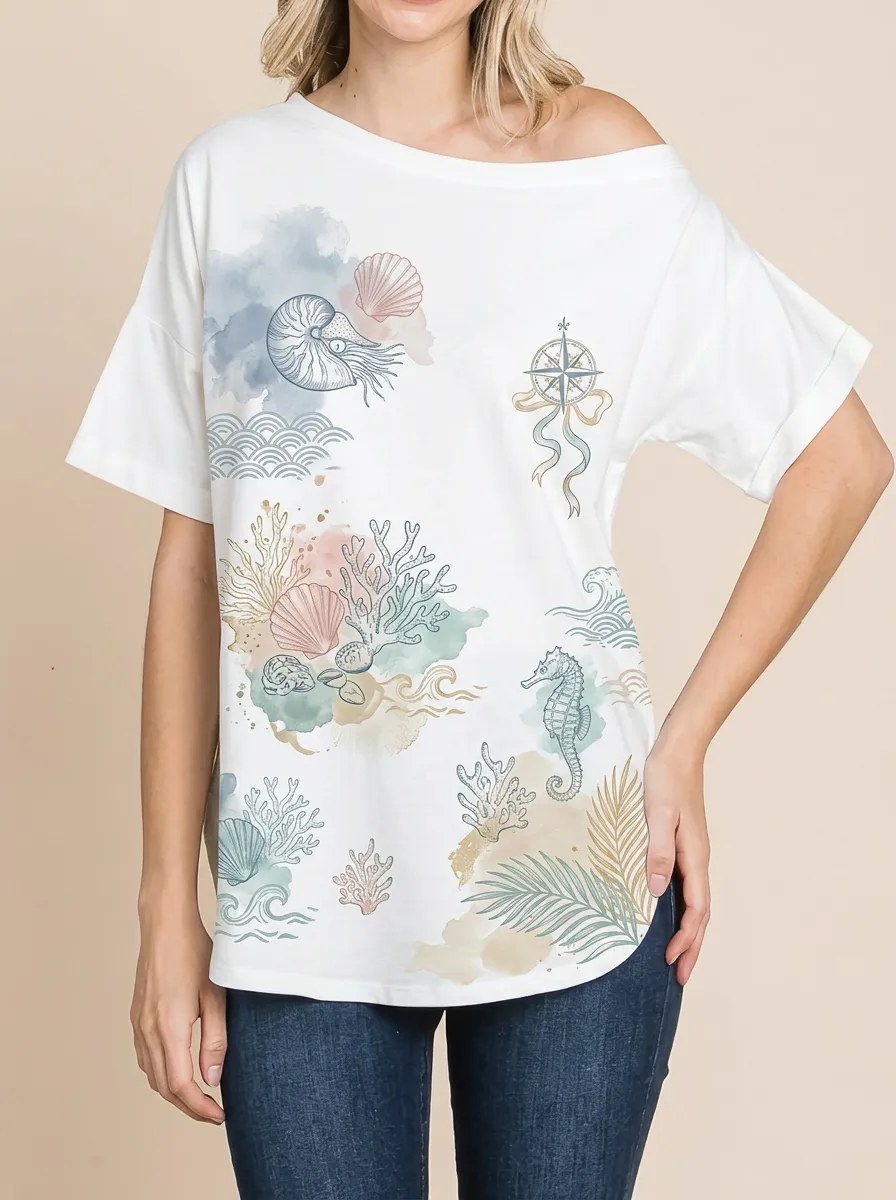Women's Nautical Ocean Lover Seashell Seahorse Printed T-shirt