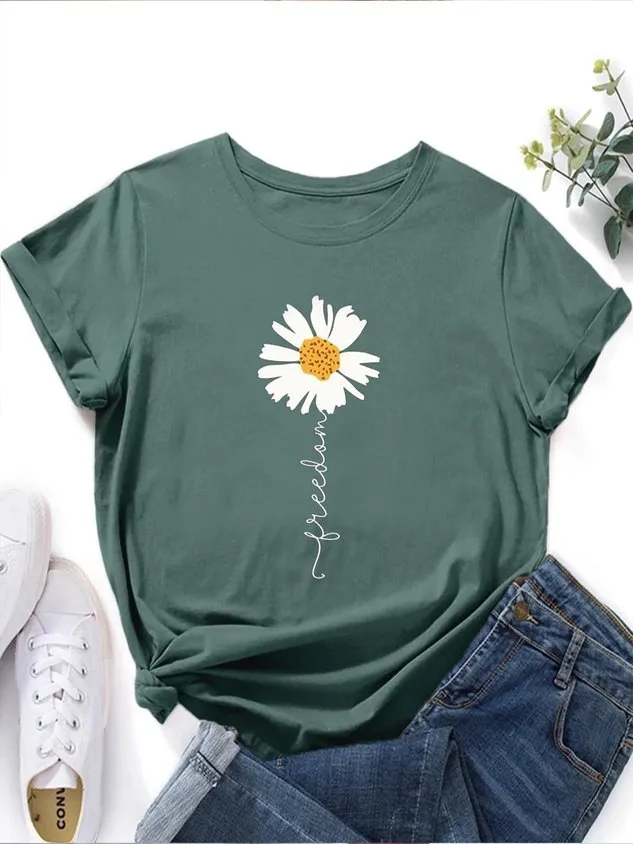 Crew Neck Floral Vacation Loose Floral & Letter Graphic T-Shirt