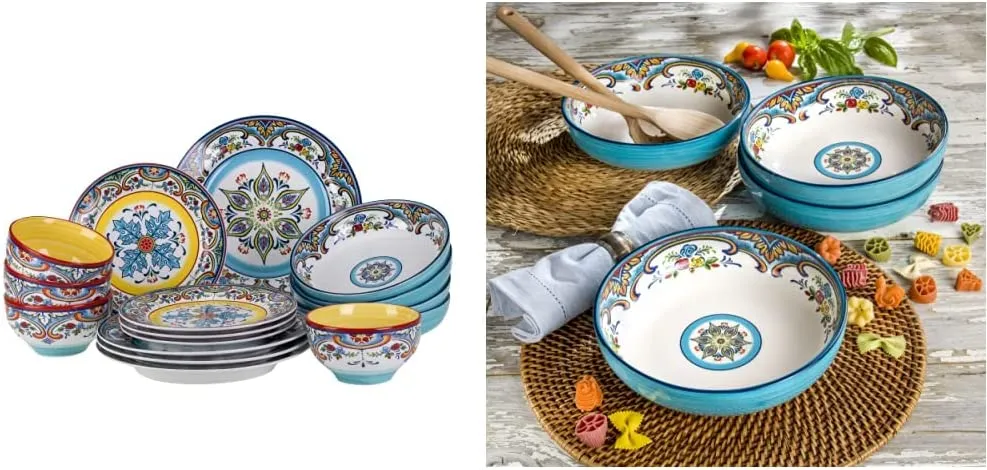 Euro Ceramica Zanzibar Double Bowl 16-Piece Dinnerware Set | Fine Kitchenware | Floral Multicolor Design Stoneware Tableware Service For 4