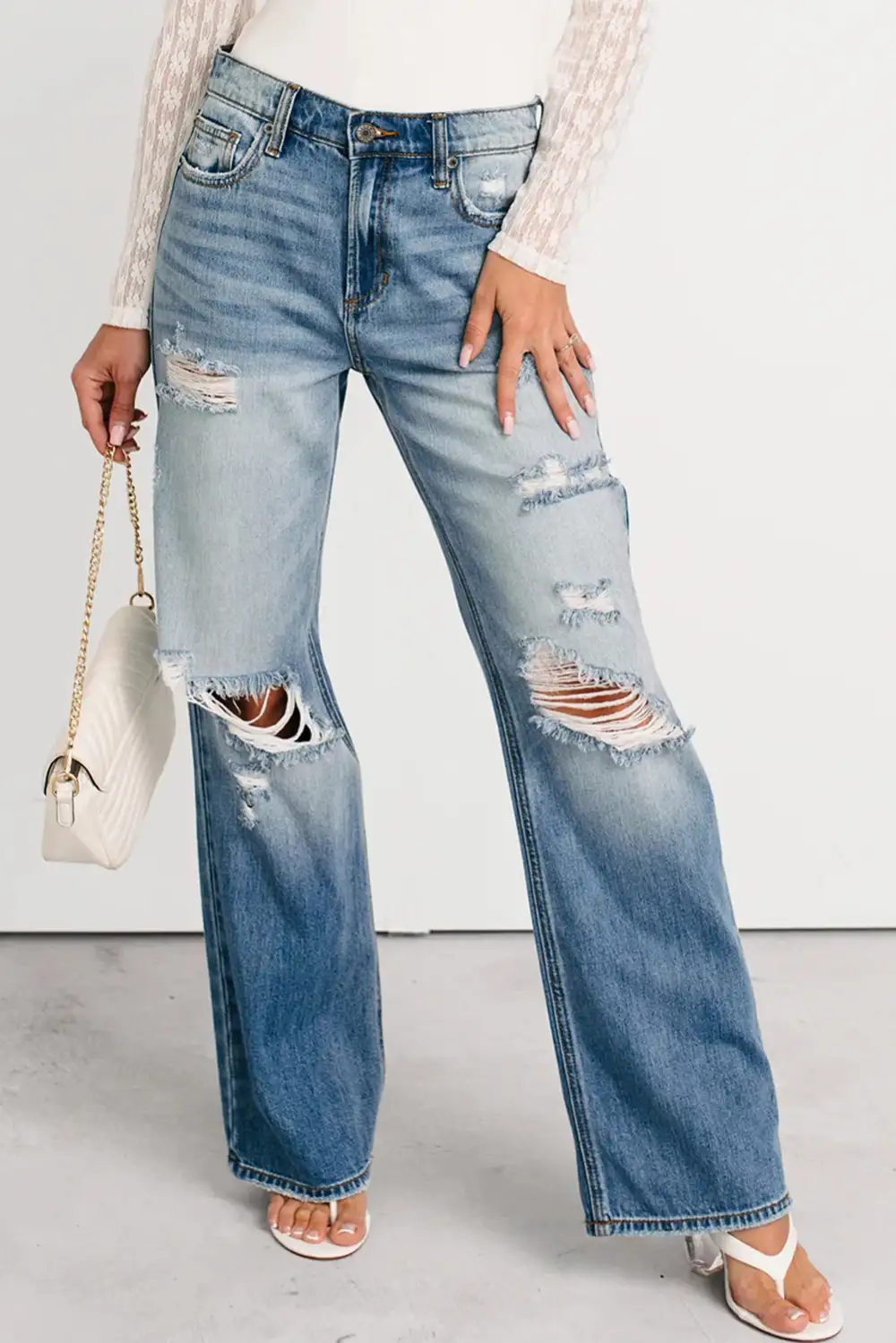 Mid Rise Distressed Sneak Peek Straight Leg Jeans