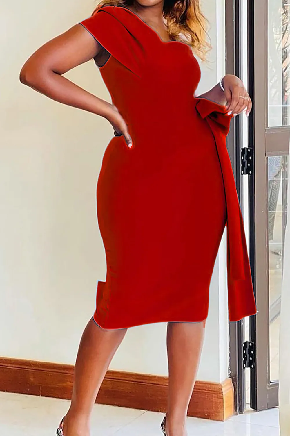 Plus Size White Semi Formal One Shoulder Bodycon Bow Midi Dresses