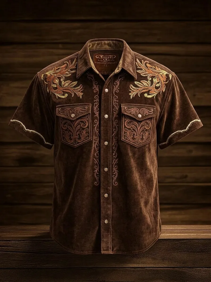 Men's Western Style Floral Embroidery Suede Printed Shirt