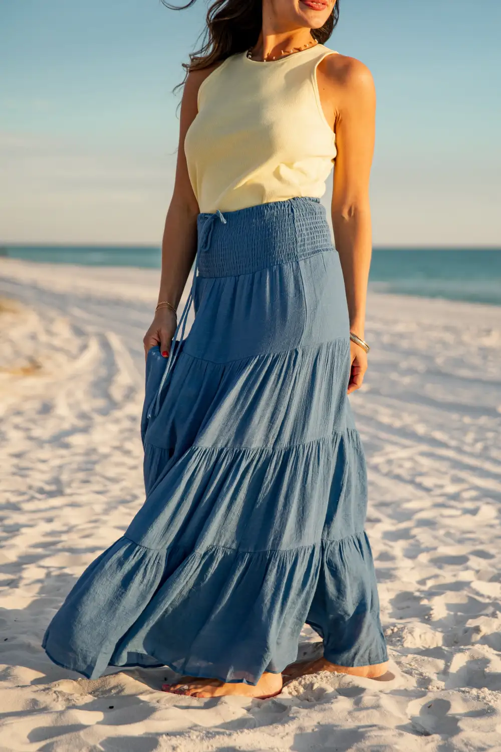 Mid Rise Smocked Tiered Maxi Skirt