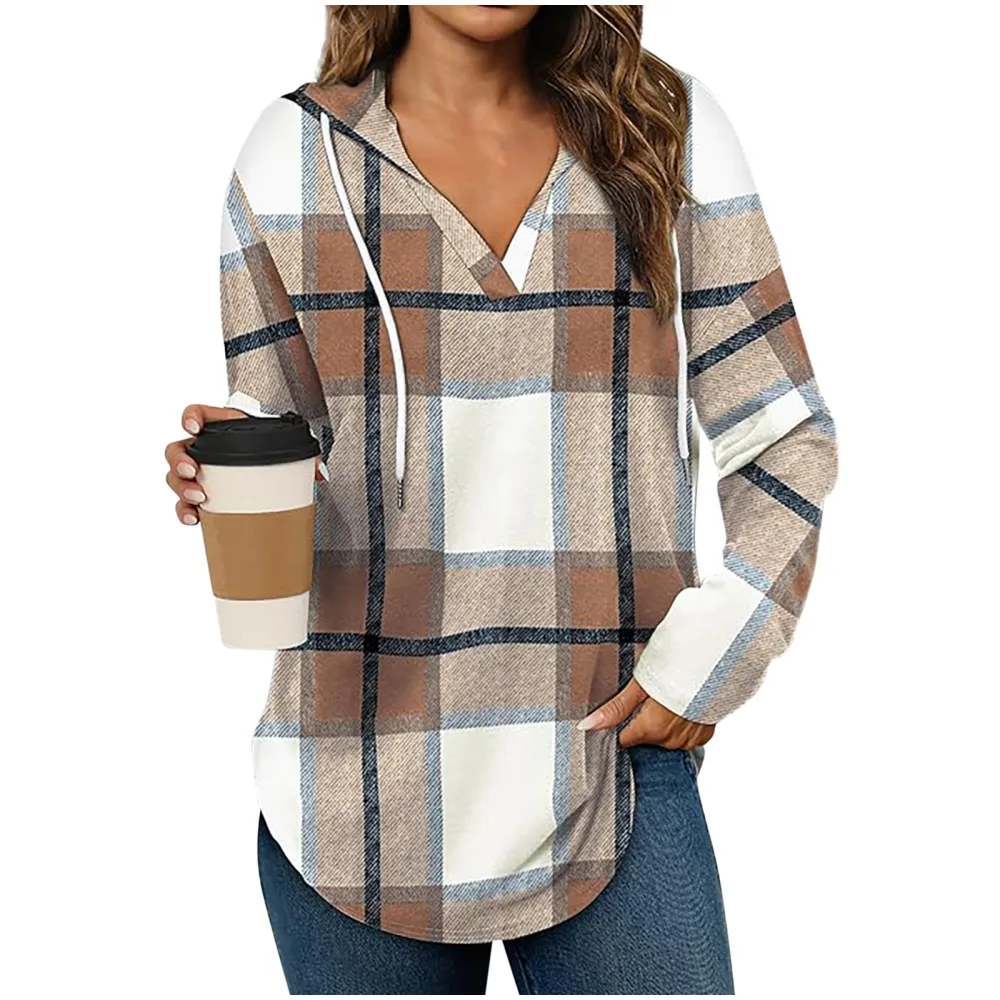 V-Neck Adjustable Drawstring Casual Plaid Long Sleeve