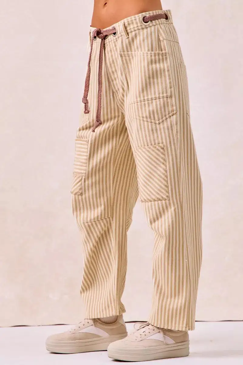 Easygoing Drawstring Striped Twill Barrel Pants