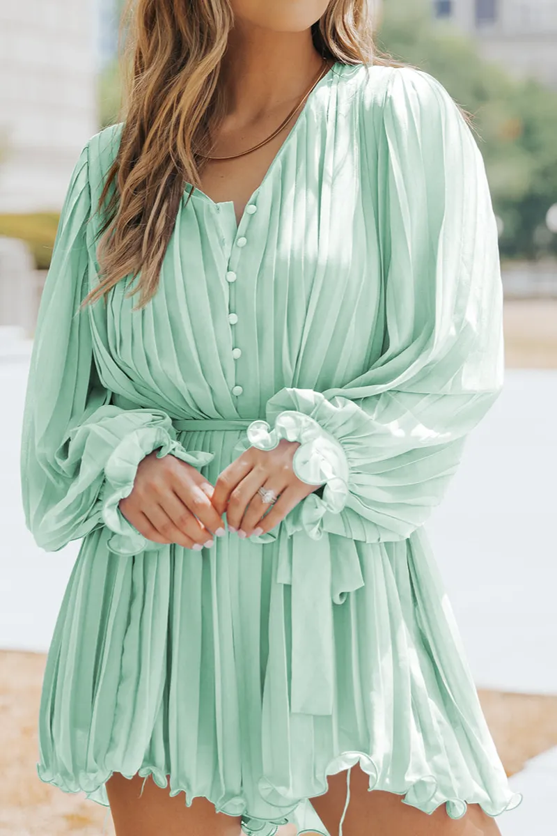 Pleated Ruffled Tie Waist Buttons V Neck Romper
