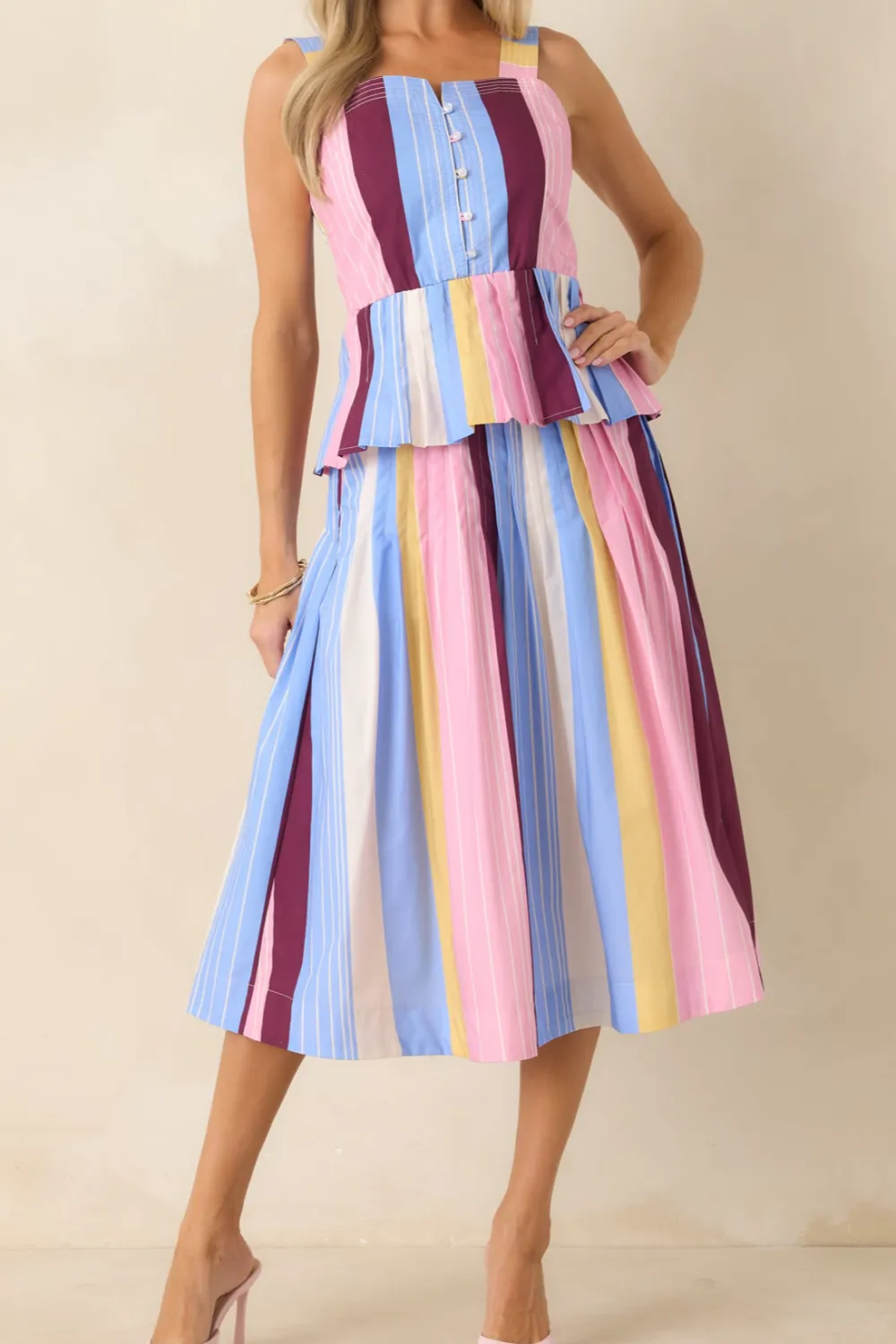 Noticed Multi Stripe Cotton Pleated Midi Skirt