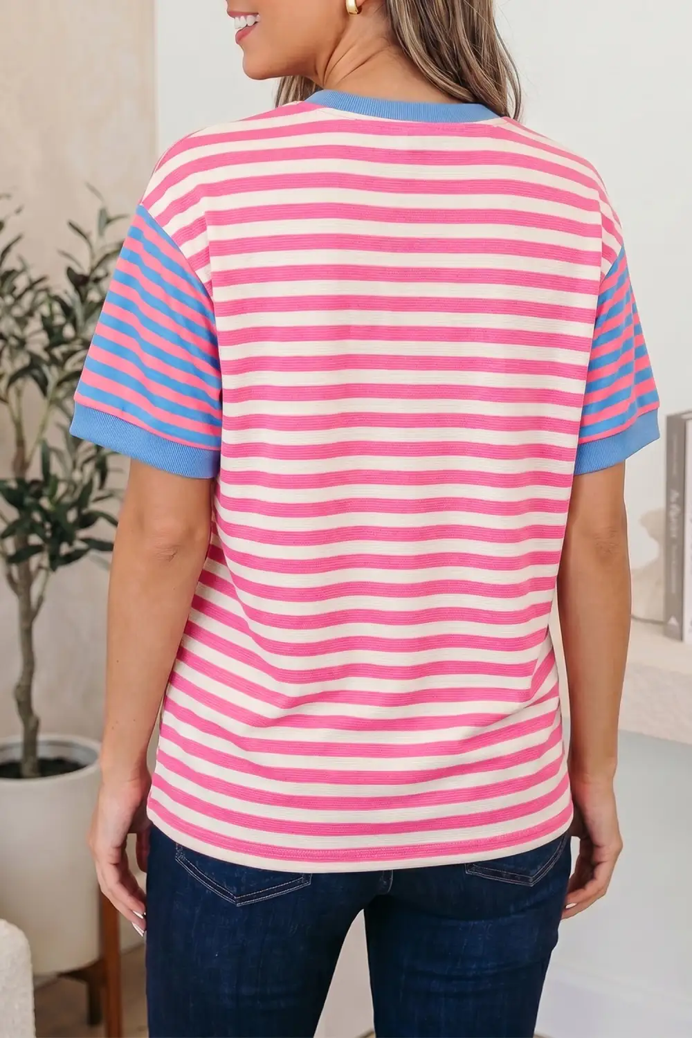 Stripe Contrast Patchwork Short Sleeve Loose Tee