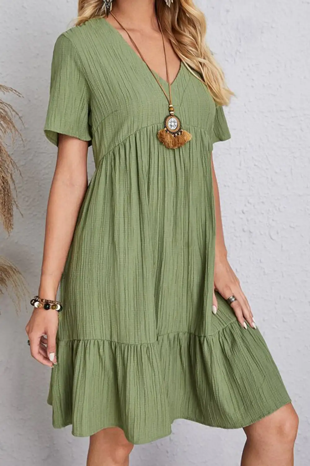 Boho Chic  Plus Size Ruched V-Neck Short Sleeve Dress