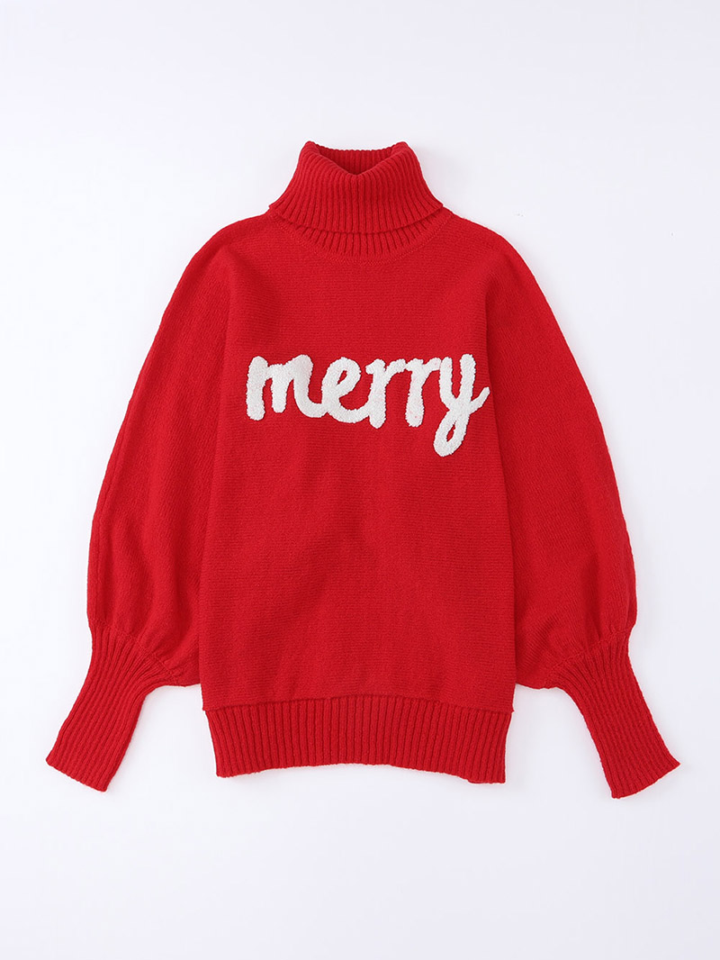 Fiery Red Merry Letter Embroidered High Neck Sweater