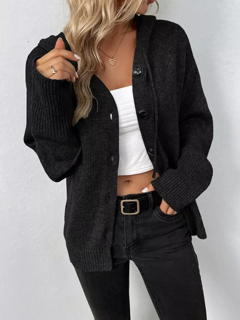 Full Size Cozy Knit Hooded Button Down Cardigan Plus Size