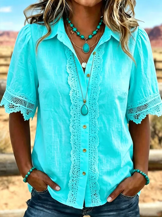 Women'S Vintage Art Patchwork Hollow Design Cotton Shirt
