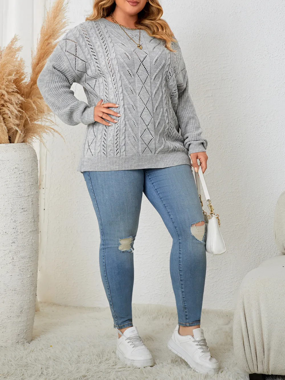 Women Plus Size Knitted Sweater Long Sleeve Off Shoulder Top