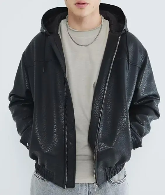 Men's Stylish Black Leather Jacket With Hood