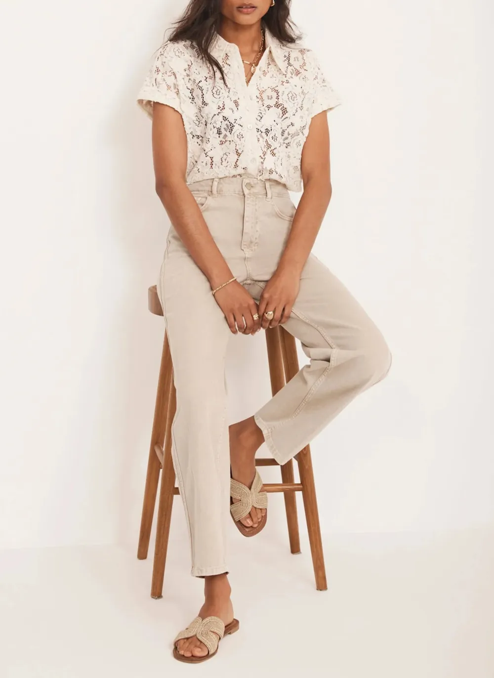 Casual Style Cream Lace Shirt