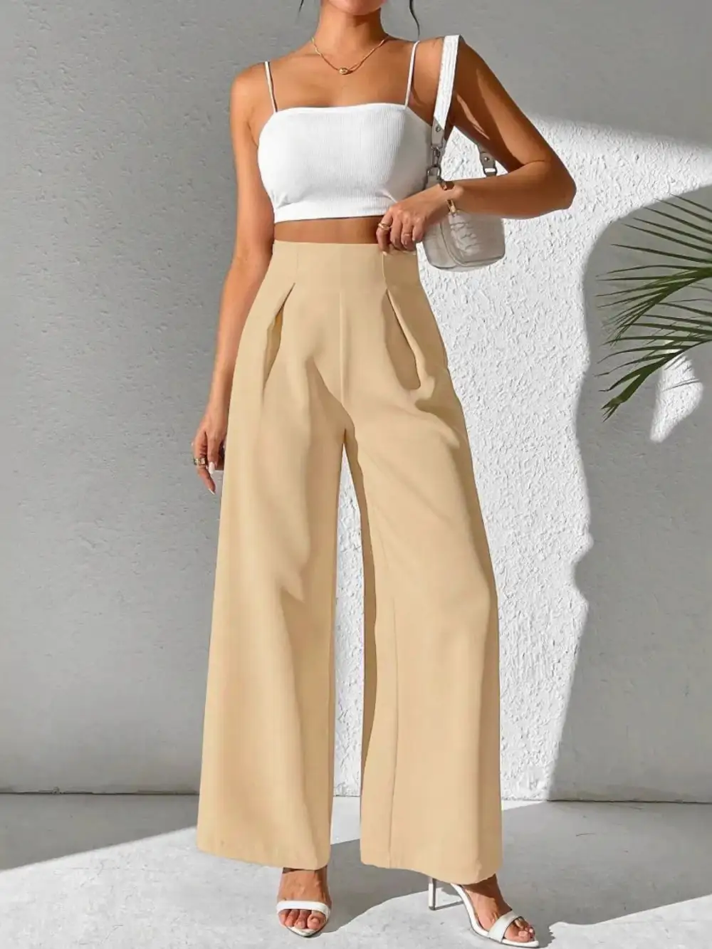 Textured Wide Leg High Waist Pants