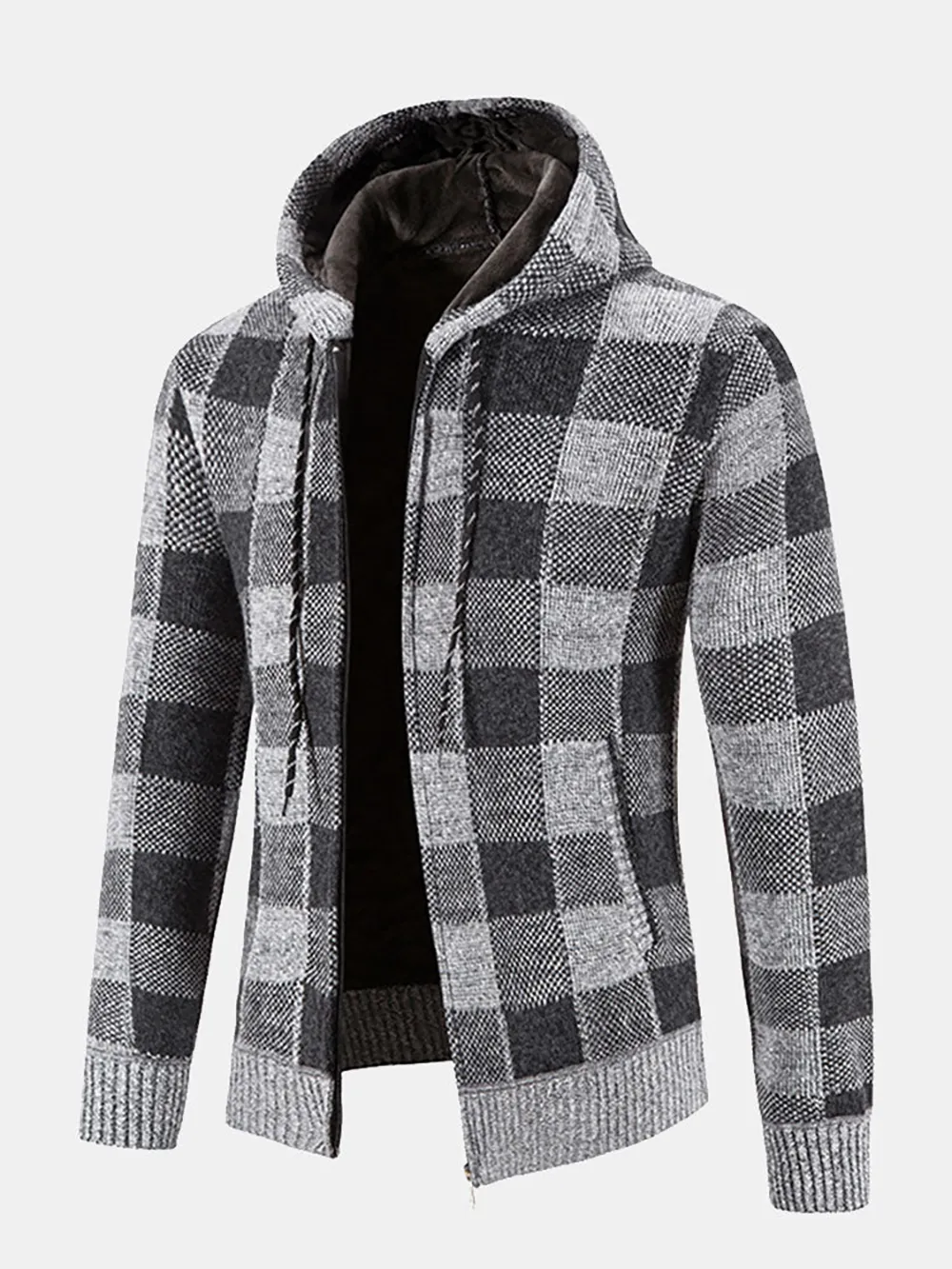 Plaid Zip Up Hooded Cardigan