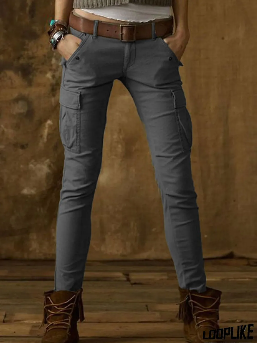 Cotton-Blend Casual Solid Pants