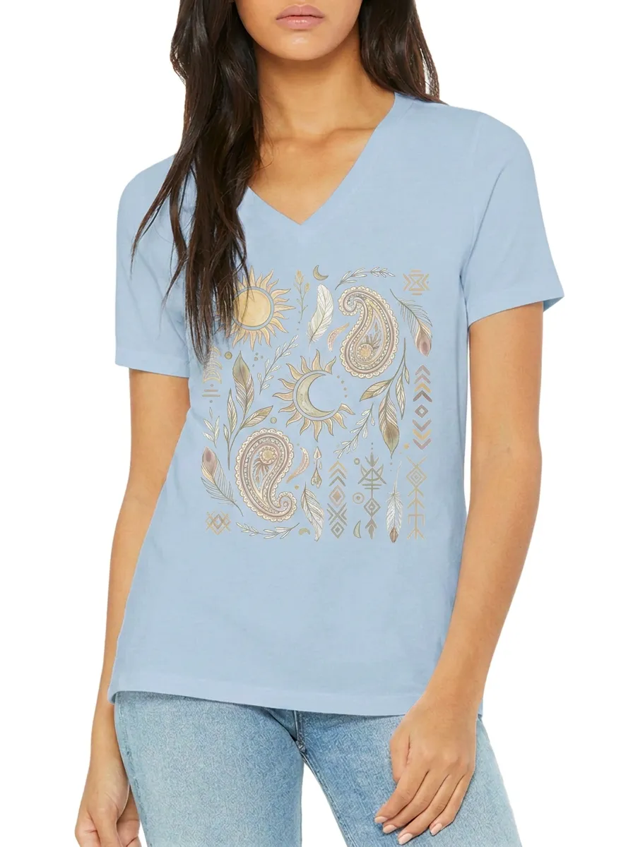 Women's Boho Celestial Paisley Feather Printed V-Neck T-Shirt