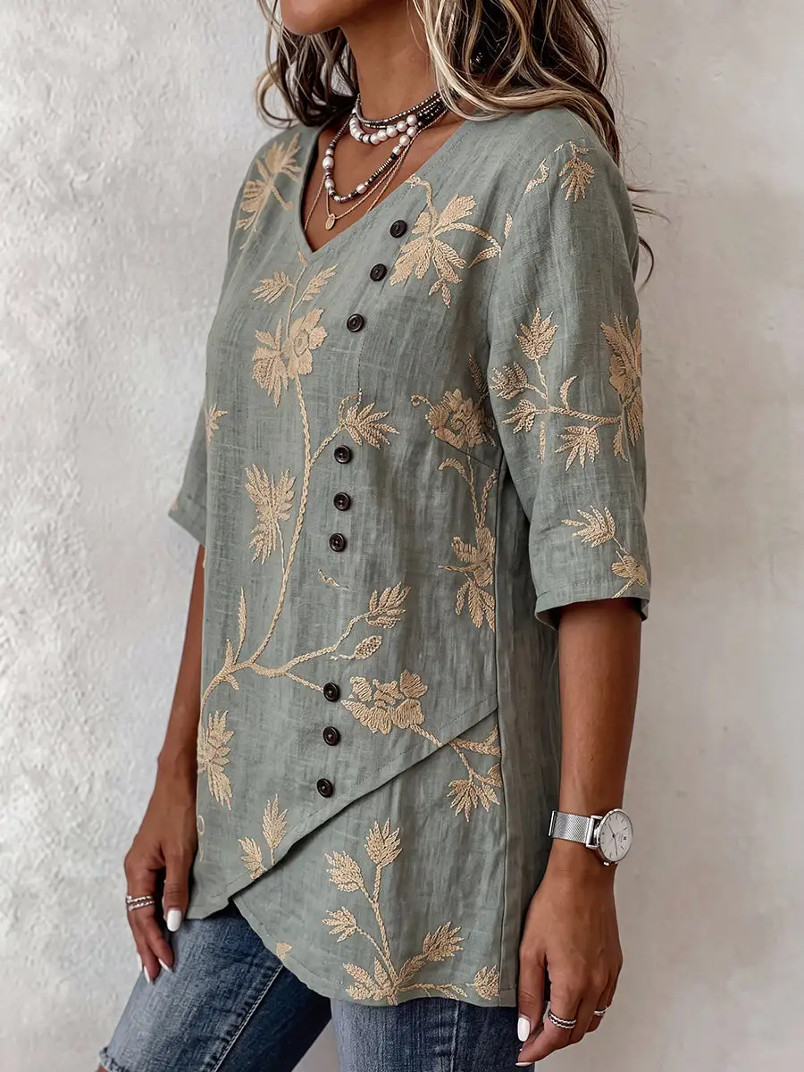 Half Sleeve Relaxed Asymmetric Button Detail Floral Print Panel Detail V-Neck T-Shirt