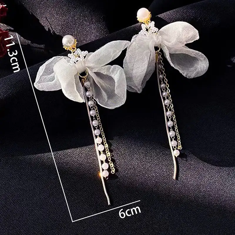 Sweet Lace Bow Pearl Tassel Fabric Stud Earrings