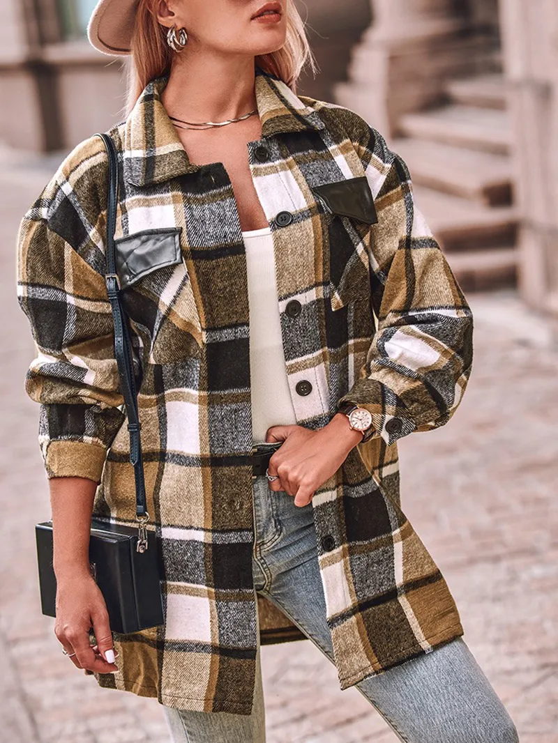 Casual retro plaid single breasted long sleeve jacket