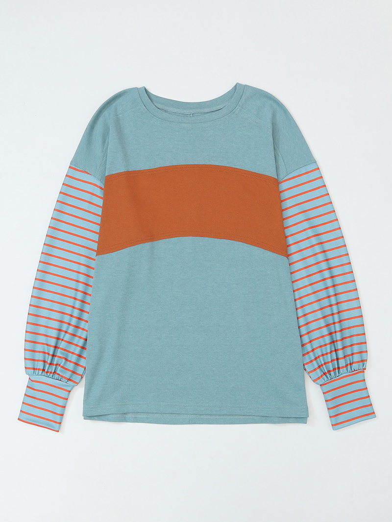 Green Colorblock Striped Bishop Sleeve Top