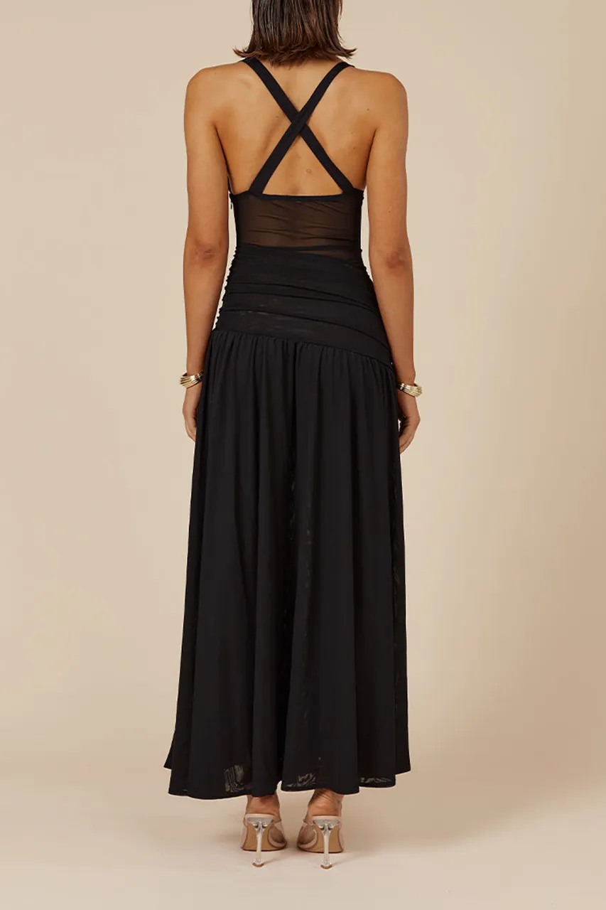 Black Halterneck Lace Stitching Sexy Maxi Dress