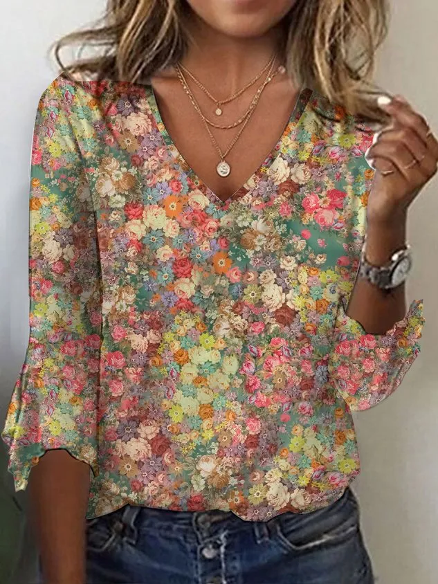 V Neck Three Quarter Sleeve Small Floral Regular Loose Shirt For Women