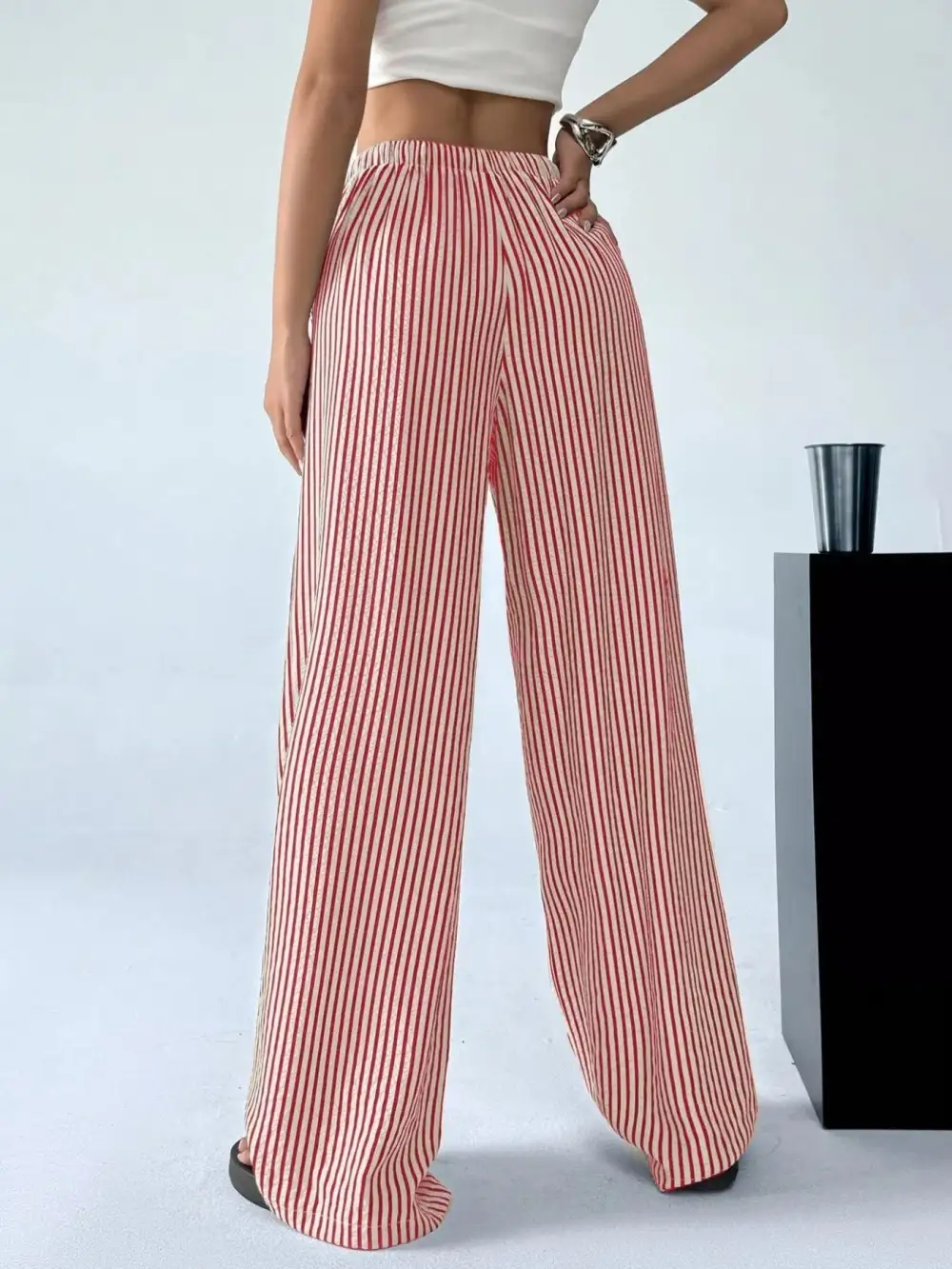 Full Size Striped Drawstring Waist Wide Leg Pants