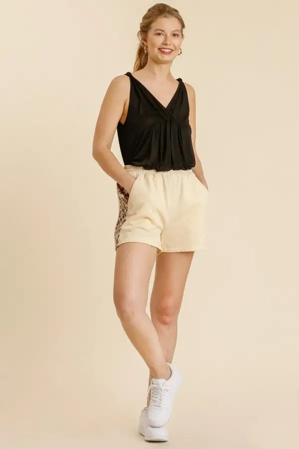 Umgee French Terry Animal Print Elastic Waistband Shorts with Pockets in Cream FINAL SALE