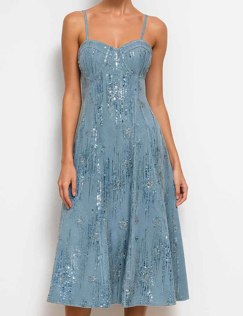 Sequin Sweetheart Neckline Sleeveless Denim Midi Dress