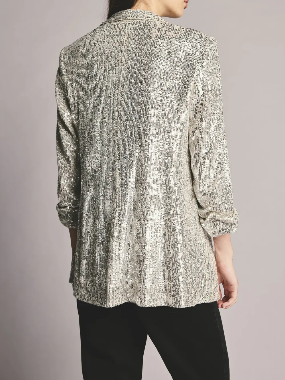 Silver Sequin Pleated Sleeve Suit Jacket