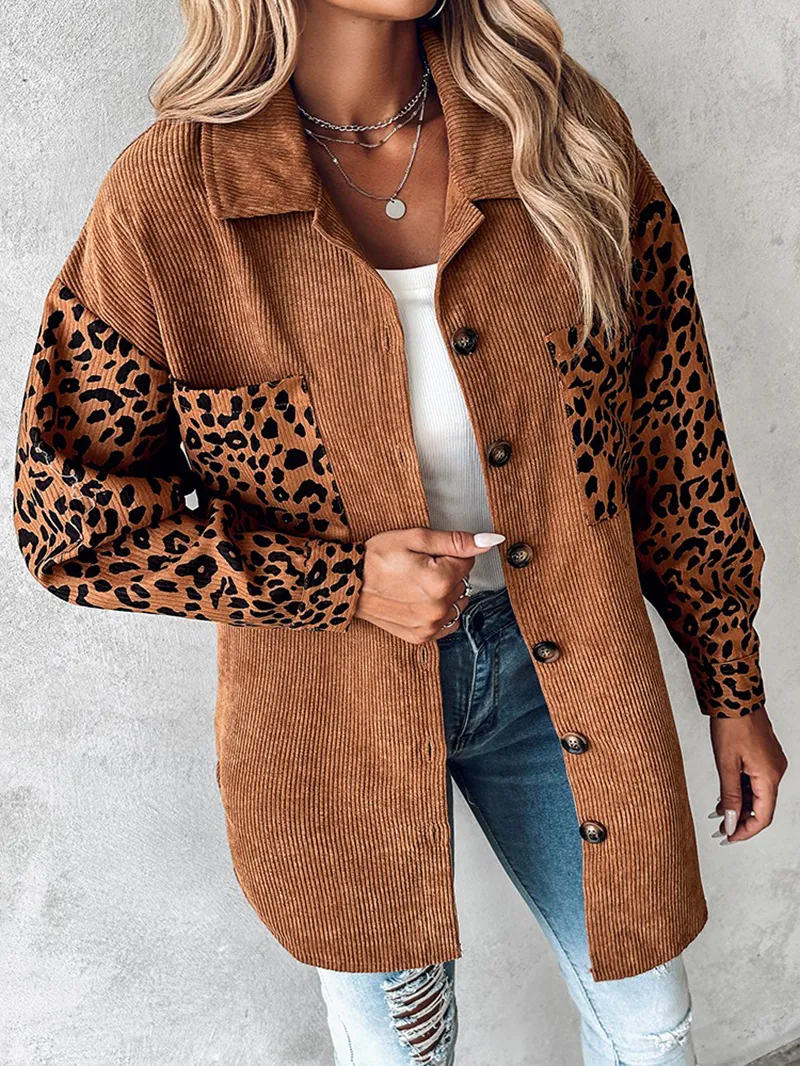 Casual leopard print patchwork corduroy jacket