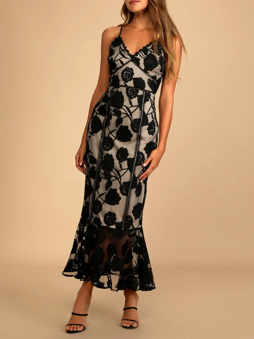 Navy Blue Floral Mesh Lace Trumpet Midi Dress