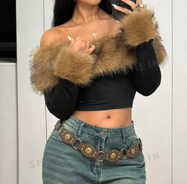 Women's Colorblock Plain Contrast Faux Fur Blouse