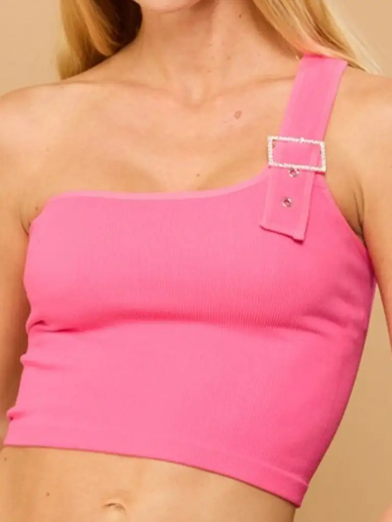 Rhinestone Buckle Asymmetric Shoulder Top