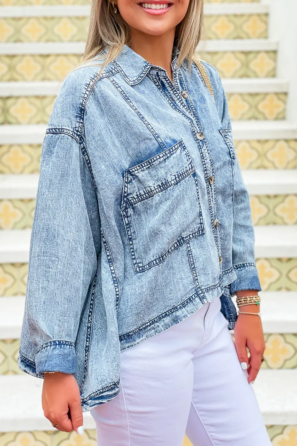 Distressed Denim Long Sleeve Top