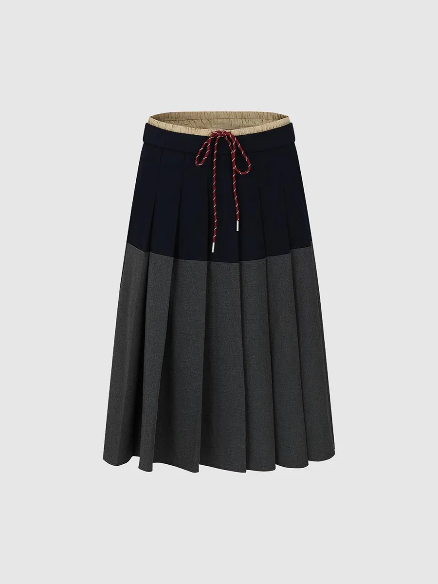 Ladies Two-Color Casual Style Mid-Length Pleated Skirt