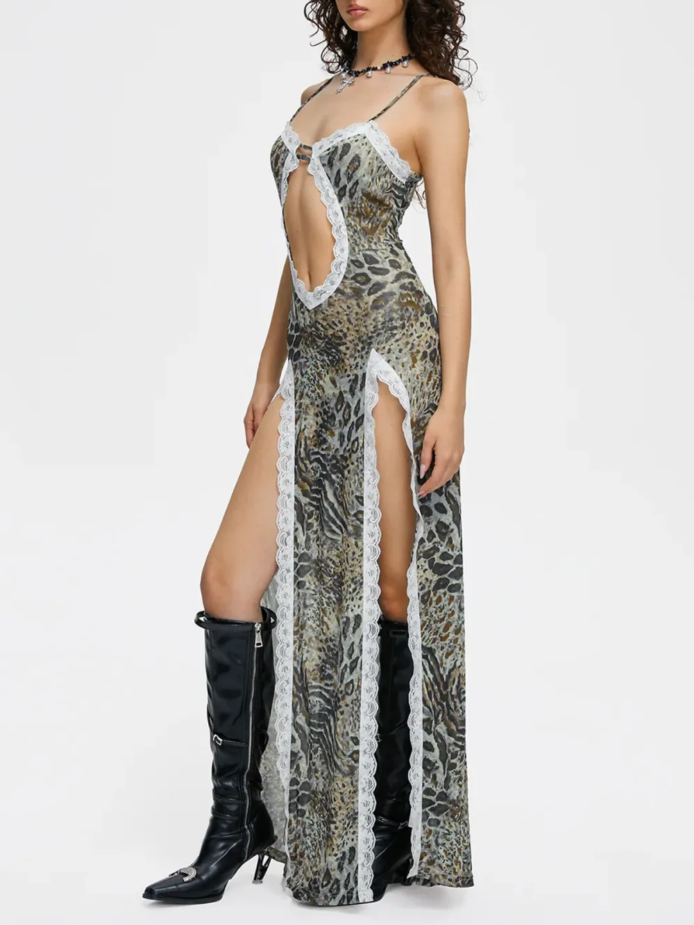 Slim V Neck Leopard Sleeveless Maxi Dress
