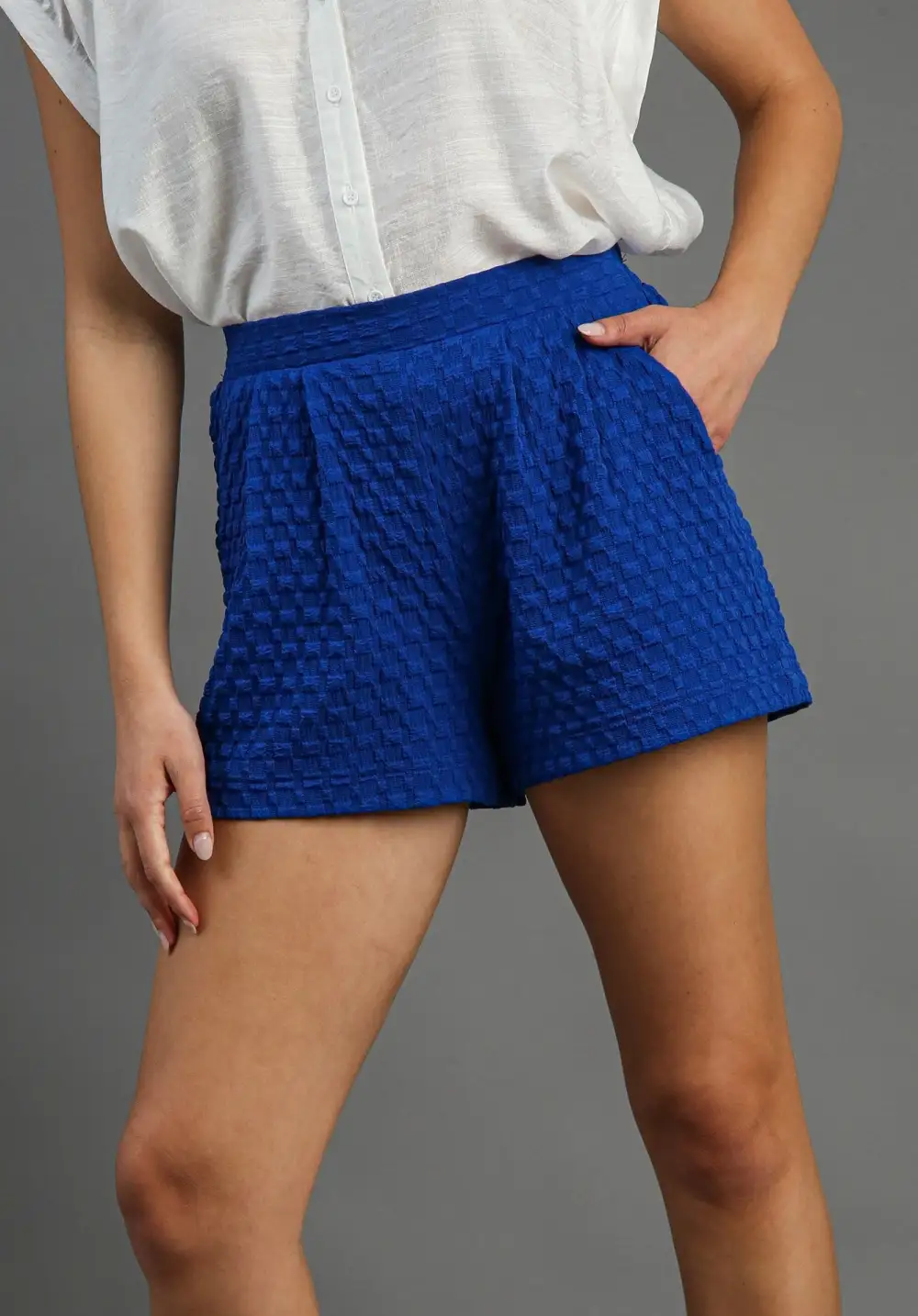 Umgee Textured Jacquard Pleated Shorts in Royal Blue