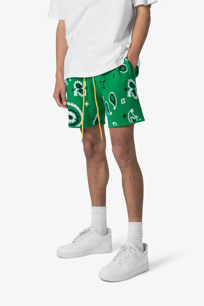 GREEN PAISLEY PRINTED KNIT SHORTS
