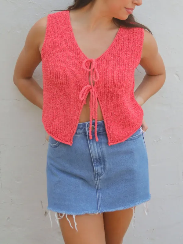 V Neck Tie Front Cropped Knit Top