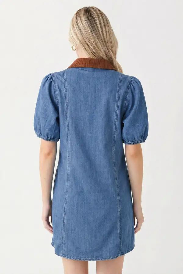 Patchwork Denim Puff Sleeve Mini Dress