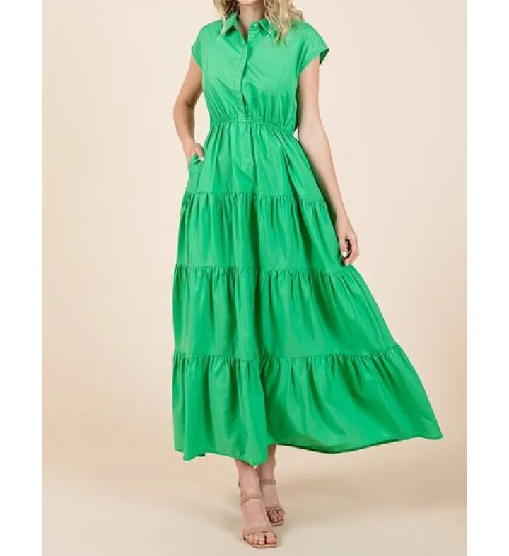 Button Up Collared Tiered Maxi Shirt Dress